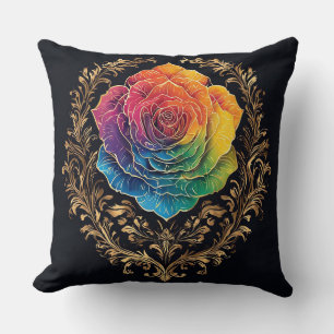 Multicolor Rose with Ornate Golden Flourishes Cushion