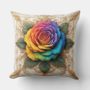 Multicolor Rose with Ornate Golden Flourishes Cushion