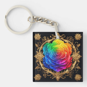 Multicolor Rose with Ornate Golden Flourishes Key Ring