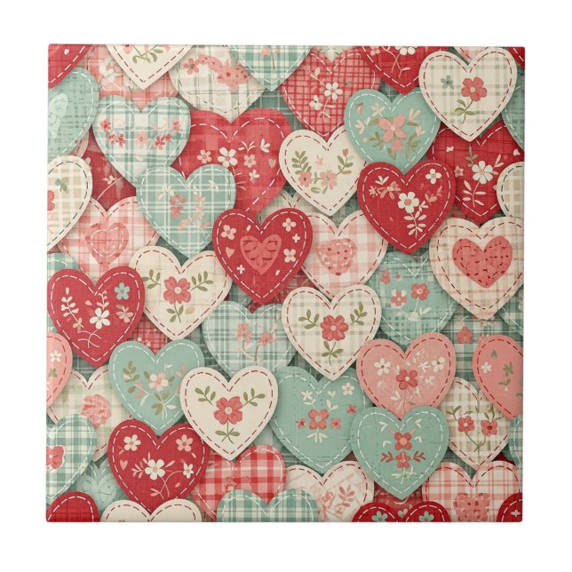Multicolor Rustic Heart Quilt Block Ceramic Tile (Front)