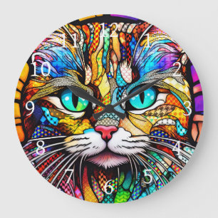 Multicolor Stained Glass Cat 710 Large Clock