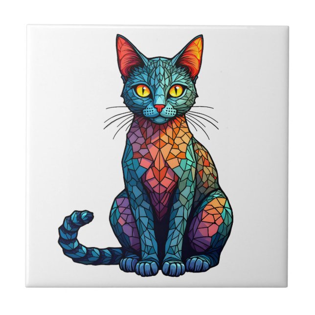 Multicolor Stained Glass Cat 784 Ceramic Tile (Front)