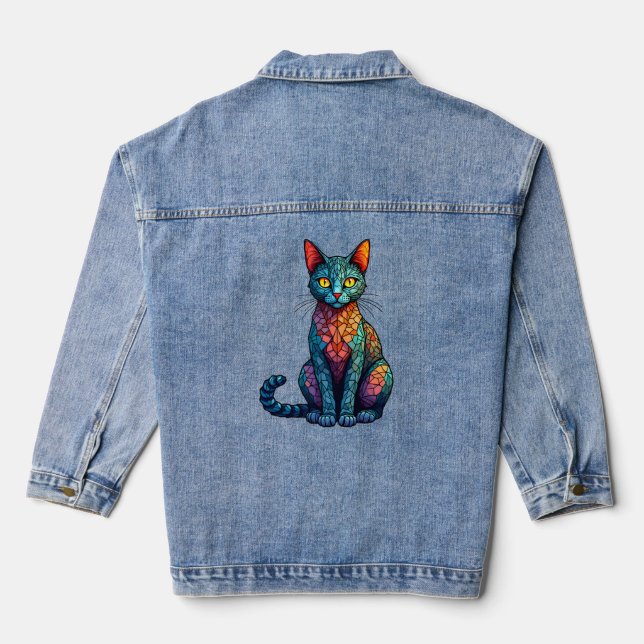 Multicolor Stained Glass Cat 784 Denim Jacket (Back)