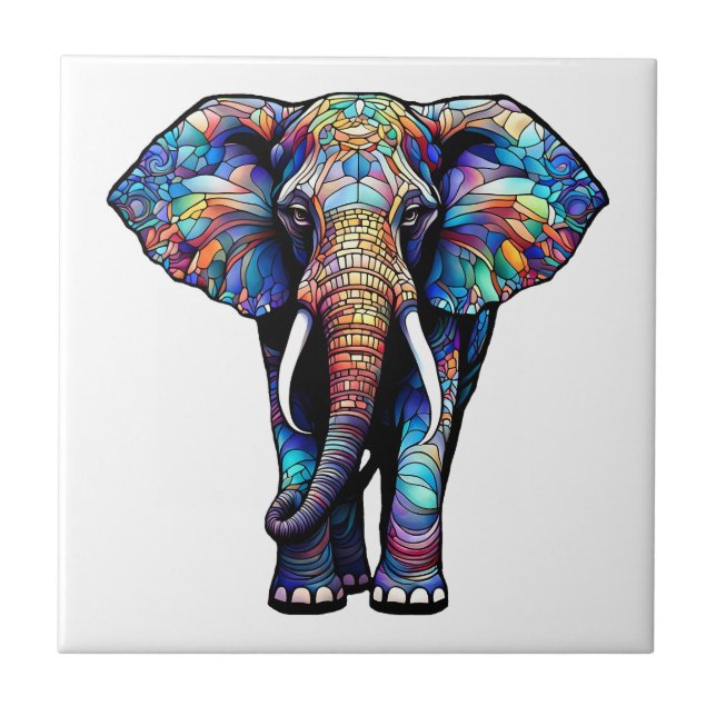 Multicolor Stained Glass Elephant 3 Ceramic Tile (Front)