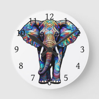 Multicolor Stained Glass Elephant 3 Round Clock