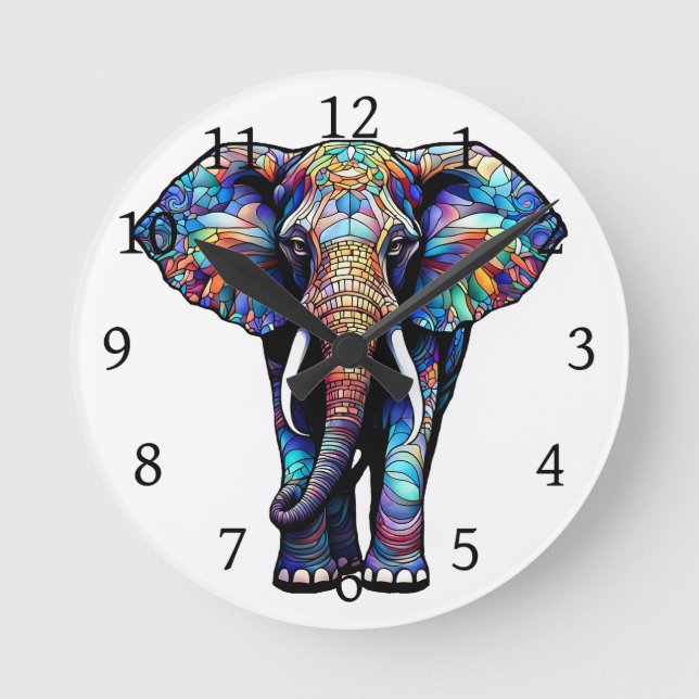 Multicolor Stained Glass Elephant 3 Round Clock (Front)