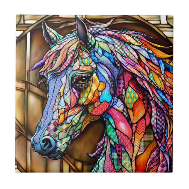 Multicolor Stained Glass Mosaic Style Horse 14 Ceramic Tile (Front)