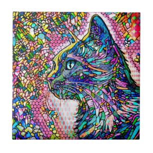 Multicolor Stained Glass Style Cat 706 Ceramic Tile