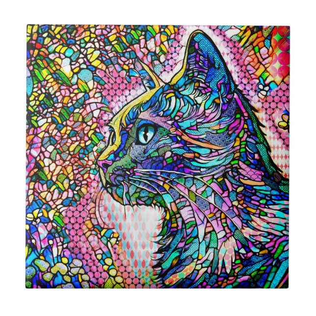 Multicolor Stained Glass Style Cat 706 Ceramic Tile (Front)