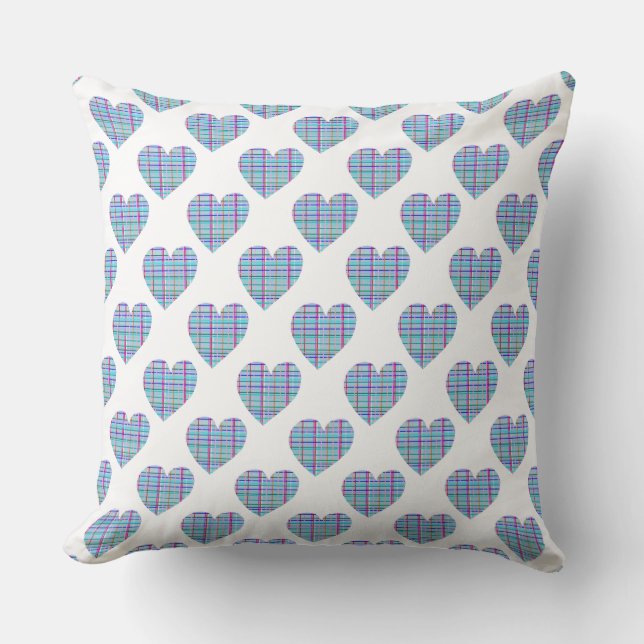 Multicolor striped blue hearts on white cushion (Front)