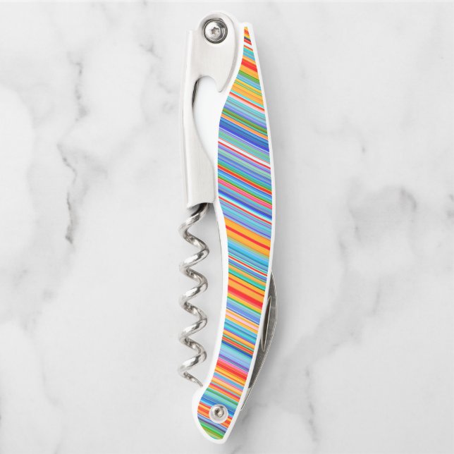 Multicolor Striped Pattern Can Cooler Corkscrew (Front)