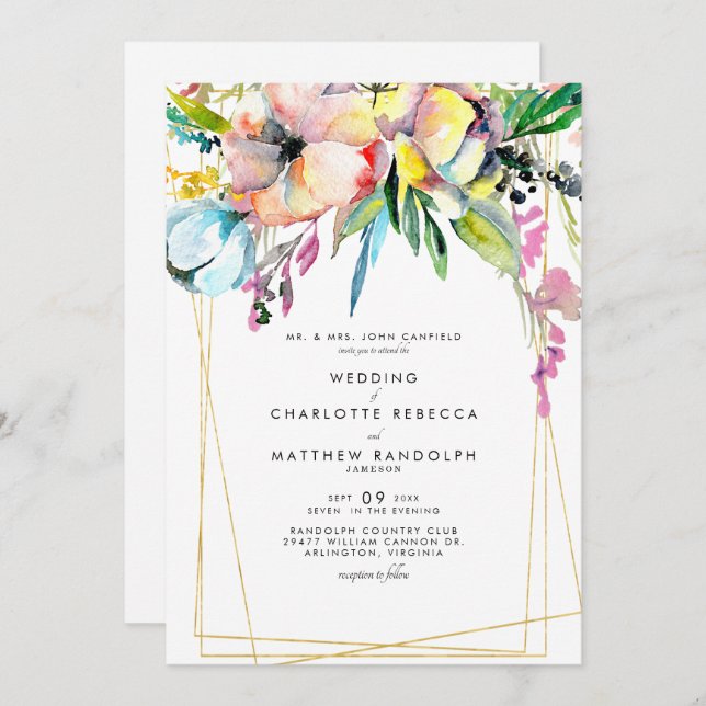 Multicolor Watercolor Floral Wedding Invitation (Front/Back)