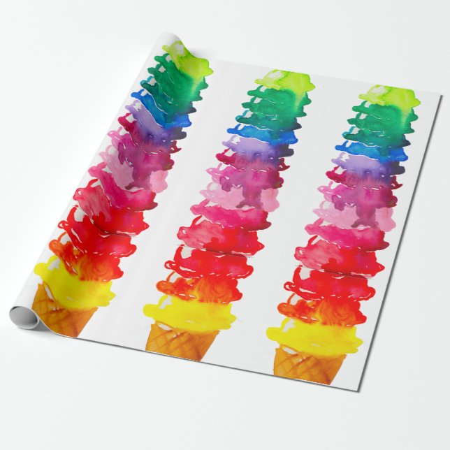 Multicolor Watercolor Ice Cream Cone Colourful Wrapping Paper (Unrolled)