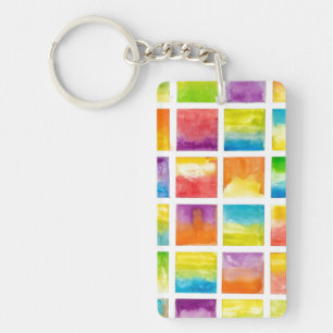 Multicolor Watercolor Squares Painting Art Key Ring