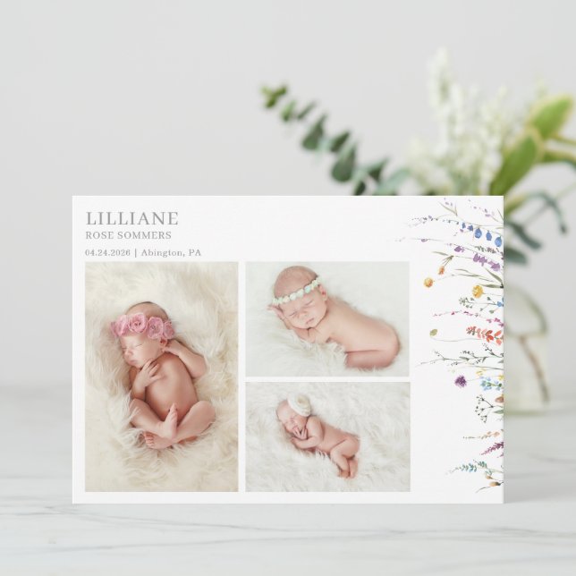 Multicolor Wildflower Baby Photo Announcement Card (Standing Front)
