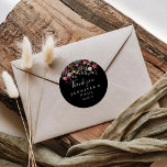 Multicolor Wildflower Thank You Wedding Favour Classic Round Sticker<br><div class="desc">This multicolor wildflower thank you wedding favour classic round sticker is perfect for a rustic wedding. The design features a multicolored assortment of pink, blush, purple, yellow, white, violet, red, burgundy wild flowers in a black background. Make the sticker labels your own by including your names, the event (if applicable),...</div>