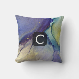 Multicolored Abstract Liquid Art & Gold, Monogram Cushion