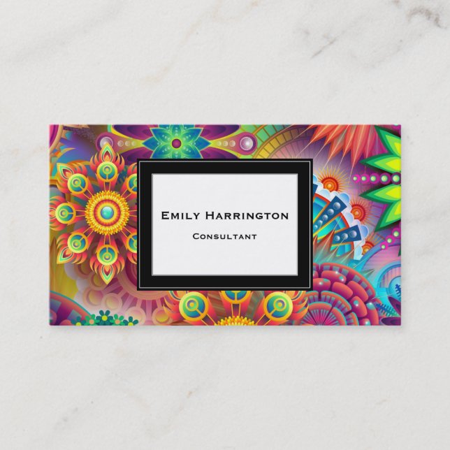 Multicolored Art Deco Flower Shapes Pattern Business Card (Front)