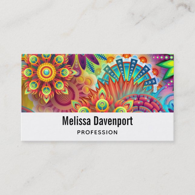Multicolored Art Deco Flower Shapes Pattern Business Card (Front)
