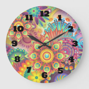Multicolored Art Deco Flower Shapes Pattern Large Clock
