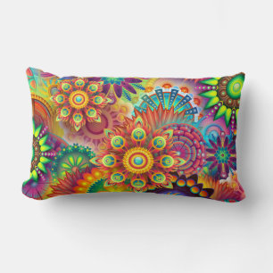 Multicolored Art Deco Flower Shapes Pattern Lumbar Cushion