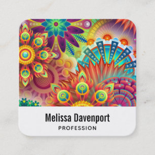 Multicolored Art Deco Flower Shapes Pattern Square Business Card