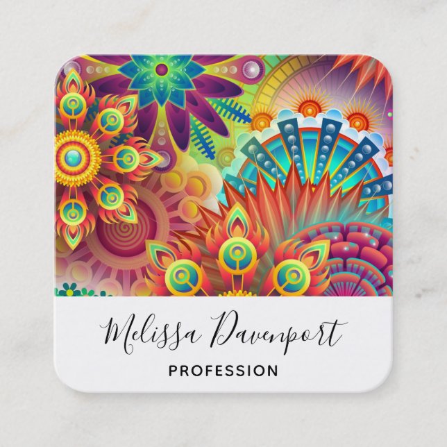 Multicolored Art Deco Flower Shapes Pattern Square Business Card (Front)