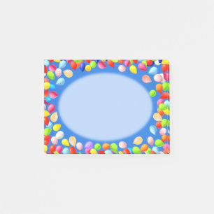Multicolored balloons on light blue post-it notes