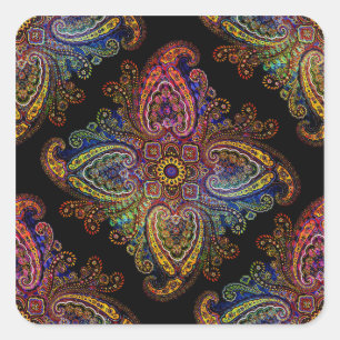 Multicolored Beautiful Paisley on Black Square Sticker