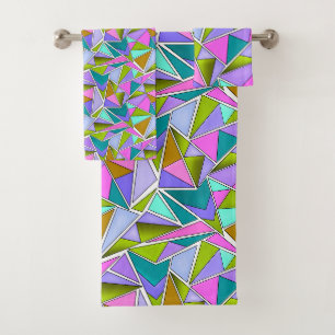 Multicolored bright neon geometric pattern bath towel set