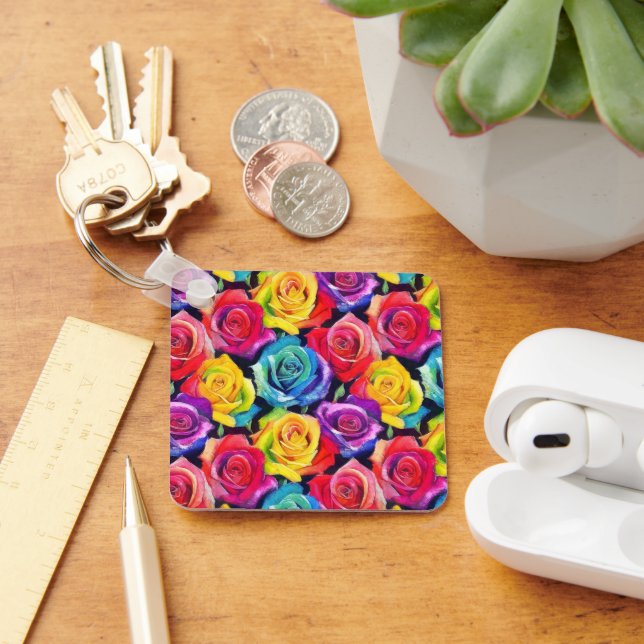 Multicolored bright roses, watercolor floral art key ring (Desk)