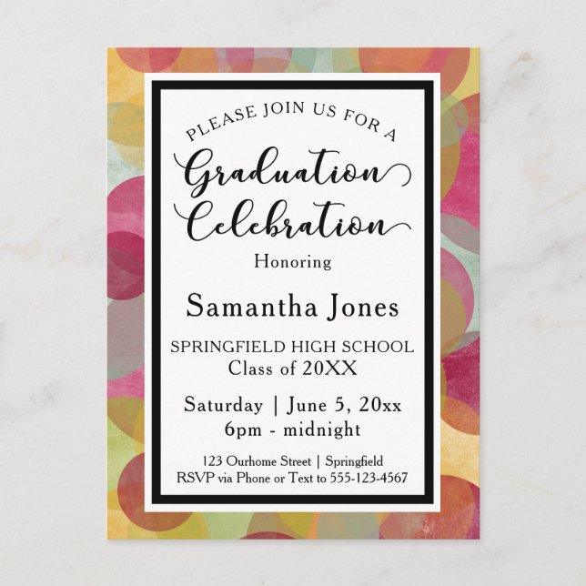 Multicolored Circles Graduation Party Invitation Postcard (Front)