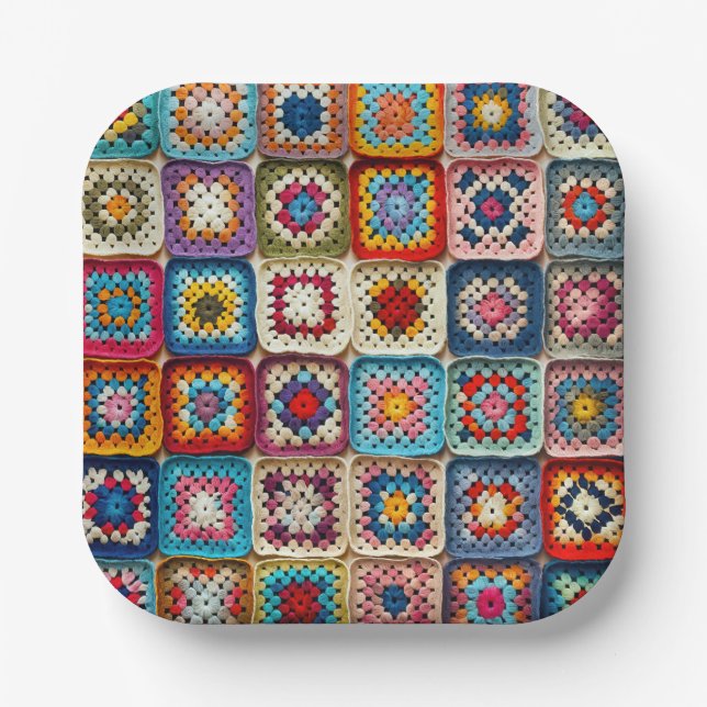 Multicolored Crocheted Granny Square Quilt Paper Plate (Front)