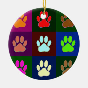 Multicolored Dog Paw Print Pattern Ceramic Ornament