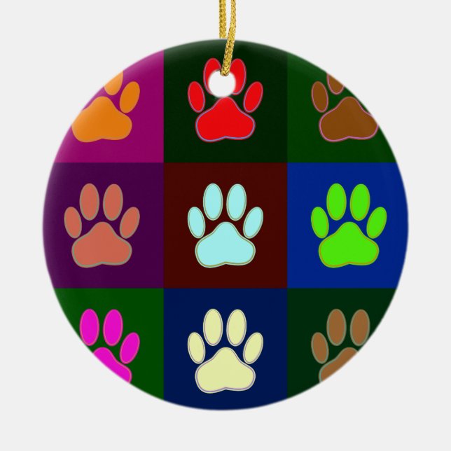 Multicolored Dog Paw Print Pattern Ceramic Ornament (Front)