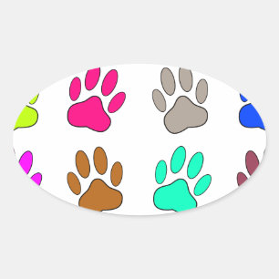 Multicolored Dog Paw Print Pattern Oval Sticker