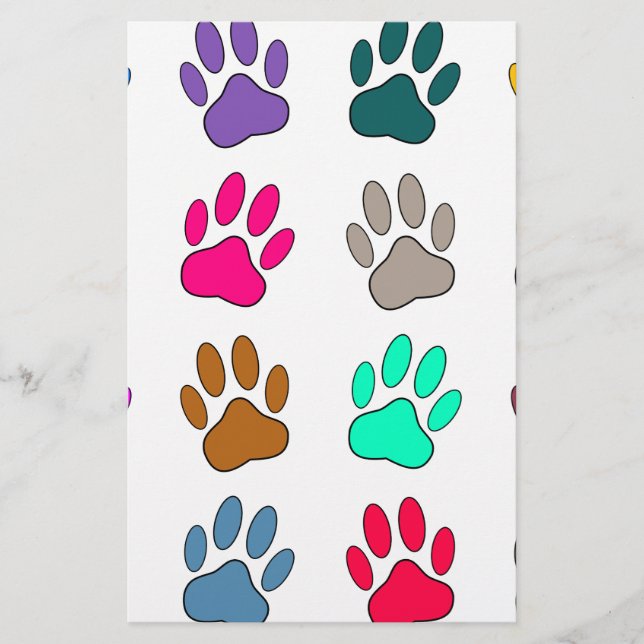 Multicolored Dog Paw Print Pattern Stationery (Front)