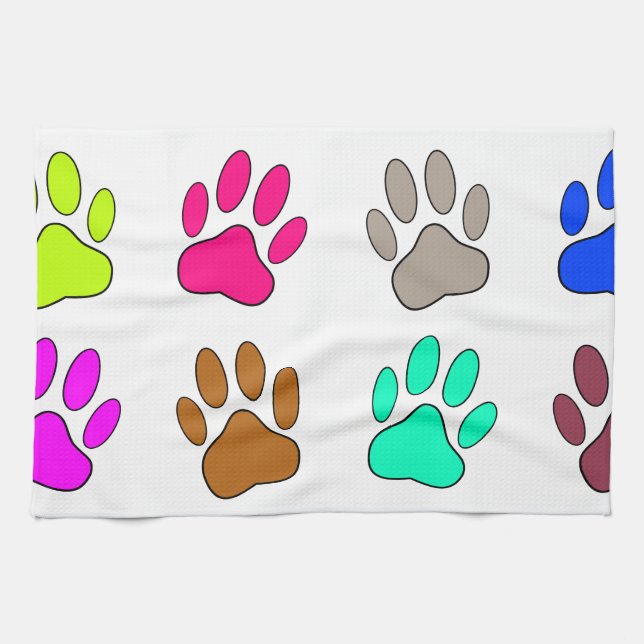 Multicolored Dog Paw Print Pattern Tea Towel (Horizontal)