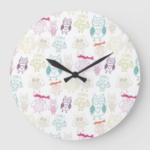 Multicolored Doodle Owls Large Clock