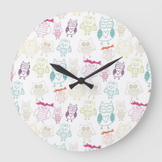 Multicolored Doodle Owls Large Clock