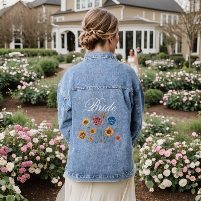 Multicolored Dried Flowers: Custom Bride's Wedding Denim Jacket (Wedding Back)