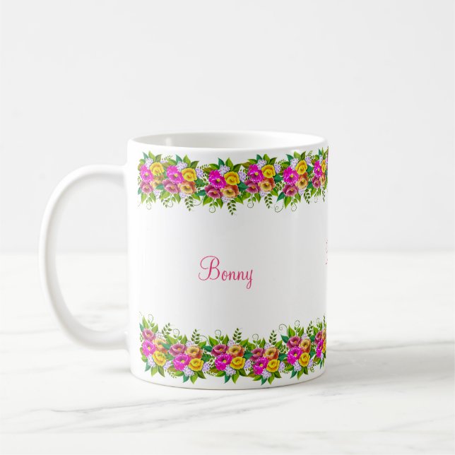 Multicolored flowers & calligraphy coffee mug (Left)