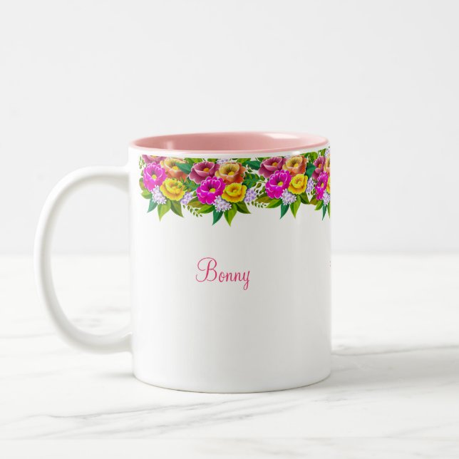 Multicolored flowers & calligraphy Two-Tone coffee mug (Left)