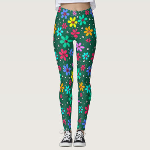 Multicolored flowers daisies retro background summ leggings