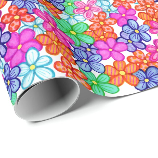 Multicolored Flowers Floral Illustration Pattern Wrapping Paper (Roll Corner)