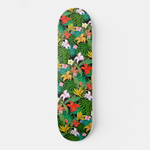 Multicolored Flowers & Palm Leaves on Black Skateboard