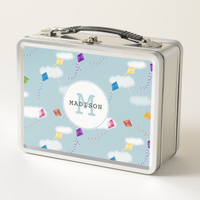 Multicolored Flying Kites Kids Monogram School Metal Lunch Box (Front)
