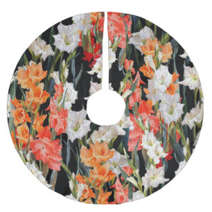 Multicolored Gladiolus: Black Background Watercolo Brushed Polyester Tree Skirt