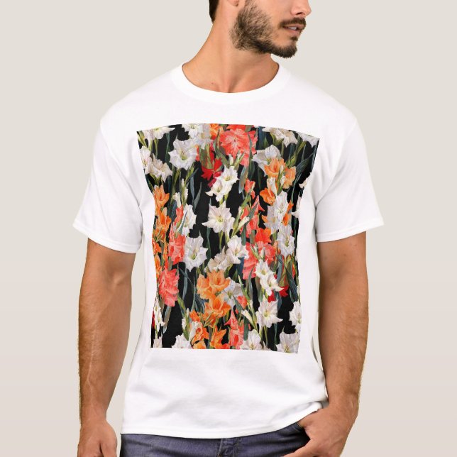 Multicolored Gladiolus: Black Background Watercolo T-Shirt (Front)