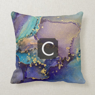 Multicolored Gold Alcohol Ink Liquid Art Monogram Cushion